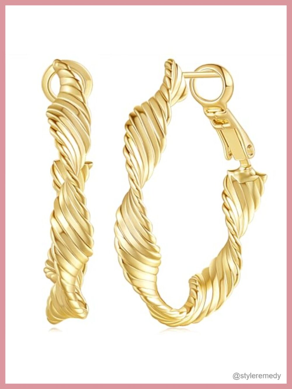 14k Gold Plated Hoop Earrings Twisted Thread Design Paddle Back